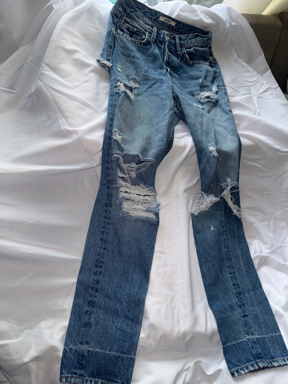 GRLFRND Distressed Skinny Jeans in Blue